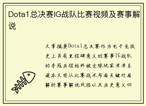 Dota1总决赛IG战队比赛视频及赛事解说